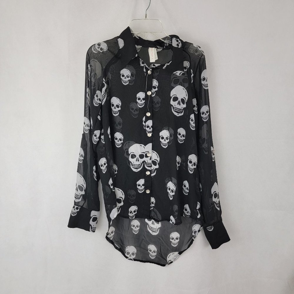 HALEY STARR Womens SMALL Blouse BLACK with White Skulls Sheer Button Up Goth